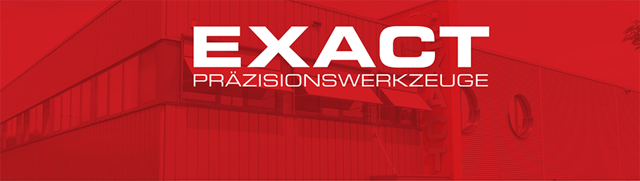 EXACT Präzisionswerkzeuge Logo vor dem Hintergrund des Firmengebäudes in Rotton