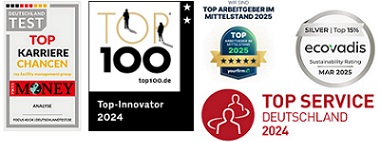 Siegel Top Karrierechancen_2024_ray facility management group, TOP-INNOVATOR 2024, TOP SERVICE DEUTSCHLAND 2024, TOP-ARBEITGEBER IM MITTELSTAND 2025