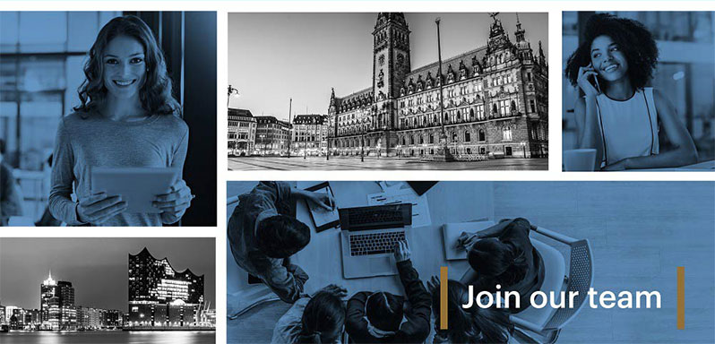 Join our team! Die Mitarbeiterin am Telefonat, die andere Mitarbeiterin mit dem Tablet und das Team diskutiert am Tisch, der Hamburger Hafen, die Speicherstadt, Elbphilharmonie und Hamburger Rathaus bei Nacht