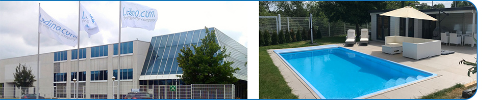 Modernes Gebäude mit Flaggen - Angrenzendem Poolbereich